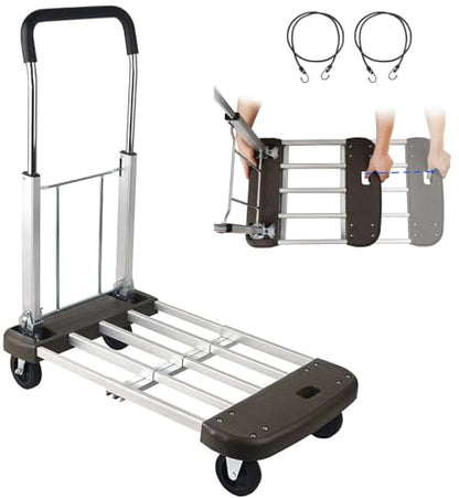 LEADALLWAY Platform Cart Foldable Push Cart Aluminum Adjustable Length Flatbed Cart with Polyurethane Mute Wheel,330-LB Capacity(with 2 Ropes)