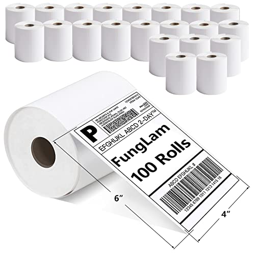 FungLam 100 Rolls 4x6 Direct Thermal Shipping Labels, 250 Labels Per Roll, 1" Core, Perforated, White Mailing Postage Shipping Label Compatible with Zebra 2844 ZP-450 ZP-500 ZP-505 - size: 100 Rolls