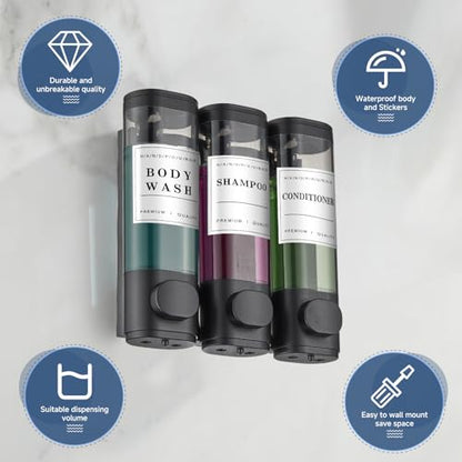 Shampoo and Conditioner Dispenser Shower Dispenser Body Wash Wall Mounted Shampoo Dispenser for Shower Wall No Drill for Bathroom Hotel 3 Chamber x 350ml Black with Waterproof Labels - color: Black 3