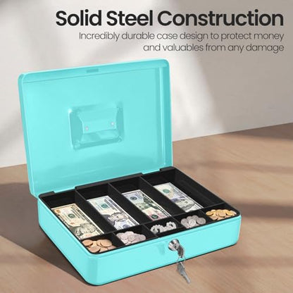 Flexzion Small Cash Box with Money Tray and Lock, 11.4-Inch, Blue - color: Blue