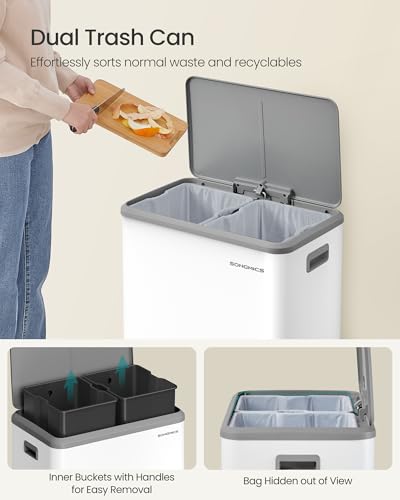 SONGMICS Trash Can, 2 x 8 Gallon (2 x 30 L), Stainless Steel - color: Cloud White
