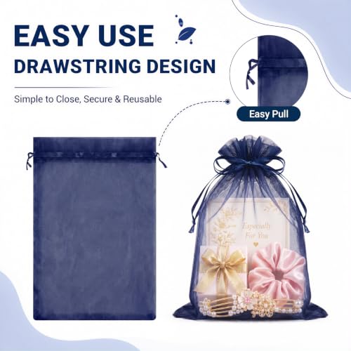 FUNFERY 100PCS Navy Blue Sheer Organza Bags 5x7 in, Goodie Bags Bulk - color: Navy Blue