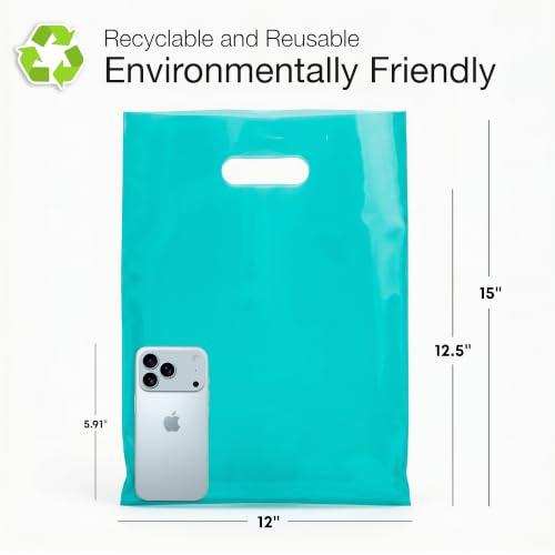 Choice Marts 100 Teal Plastic Bags With Handles 12x15 Merchandise Bags - color: Teal