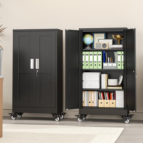pozdeg 45.6" Black Lockable Rolling Metal Garage Storage Cabinet - color: Black, size: 11.8"D x 23.7"W x 45.6"H