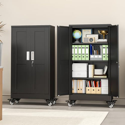 pozdeg 45.6" Black Lockable Rolling Metal Garage Storage Cabinet - color: Black, size: 11.8"D x 23.7"W x 45.6"H