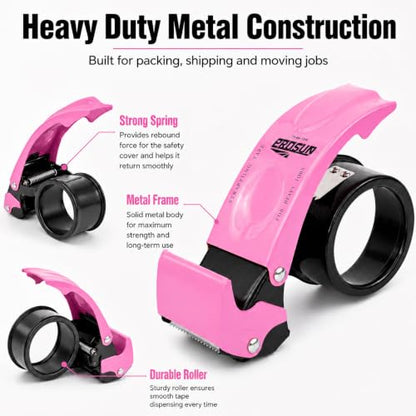 2 Inch Packing Tape Dispenser with Safety Blade Cover, Pink