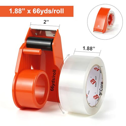 BOMEI PACK Heavy Duty Packing Tape with Dispenser 1.88'' x 66 YDs, Clear Box Tape for Packaging Shipping Moving Storage and Mailing, Strong Package Tape 3 Rolls + 1 Dispenser, Total 198 YDs