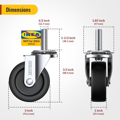 HOLKIE Caster Wheels 3 inch with No Brake Stem Casters, 1/2" -13 x 1-1/2" (Stem Diameter 1/2", Stem Length 1-1/2") Threaded Swivel Casters Set of 4 Heavy Duty Castors Black - color: Black-4Pack, size: 1/2" -13 x 1-1/2"