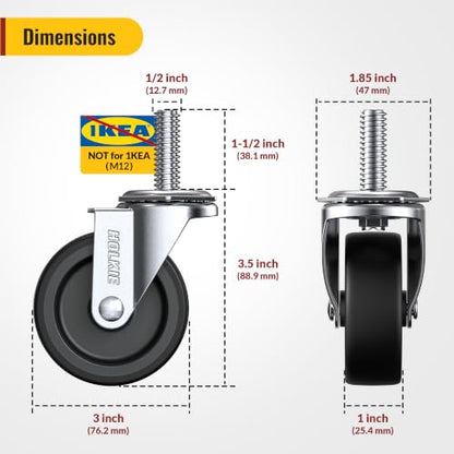 HOLKIE Caster Wheels 3 inch with No Brake Stem Casters, 1/2" -13 x 1-1/2" (Stem Diameter 1/2", Stem Length 1-1/2") Threaded Swivel Casters Set of 4 Heavy Duty Castors Black - color: Black-4Pack, size: 1/2" -13 x 1-1/2"