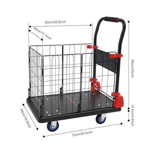 Platform Truck Cart with Removable Cage 4-in-1 Heavy Duty Push Cart Dolly Load 330LBS with Swivel Casters, Multipurpose Platform Hand Truck Dolly for Grocery/Stall/Storage