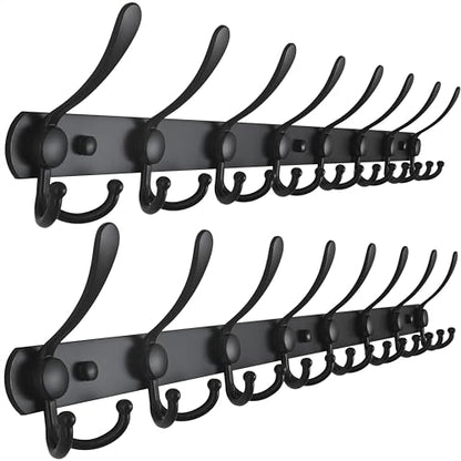 Dseap Coat Rack Wall Mount - 29.5” Long 8-Tri-Hooks Heavy Duty Coat Hanger Rail Wall Hooks for Hanging Coats Hats Clothing Clothes Purse Mudroom Entryway, Black, Pack of 2 - color: Black, size: L=29.5” (2 Pcs)