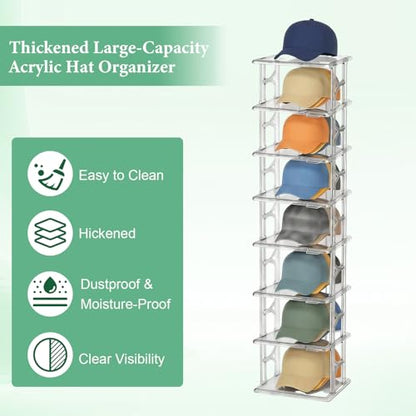 8 Tier Clear Hat Organizer Box with Drawer, Stackable Baseball Cap Display Storage Case with Sliding Tray & Magnetic Door, Large Hat Display Rack Holder, Each Fits Up to 24 Caps