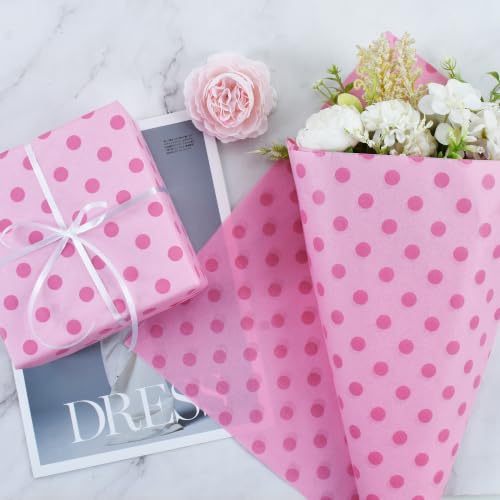 BEISHIDA Pink Tissue Paper Bulk, Polka Dot Wrapping Tissue Paper for Gift Bags, 14 x 20 Inch Gift Wrap for Girls Party Princess Party Baby Birthday DIY Crafts,50 Sheets - color: dot50-hpink