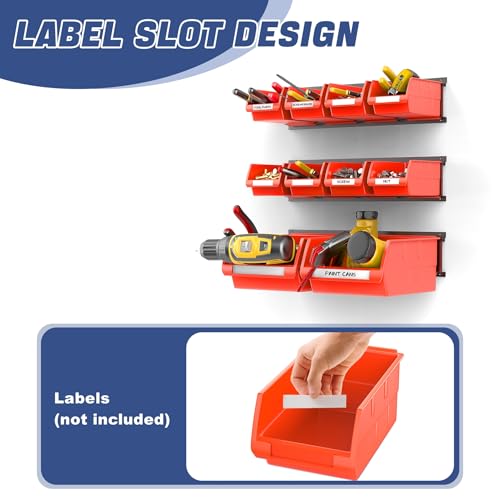 WALMANN Wall Mount Storage Bins for Small Parts, 10 Bins with 3 Metal Rails - color: Orange-red