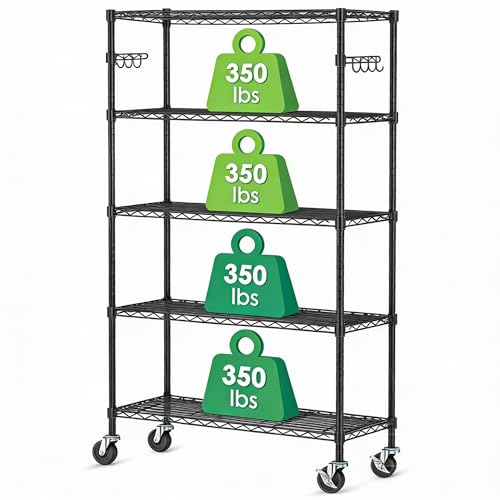 5 Tier Wire Metal Shelving Rack Garage Storage Rolling Shelves with Wheels - size: 5-Tier Metal Shelf（36L x 14W x 75H）