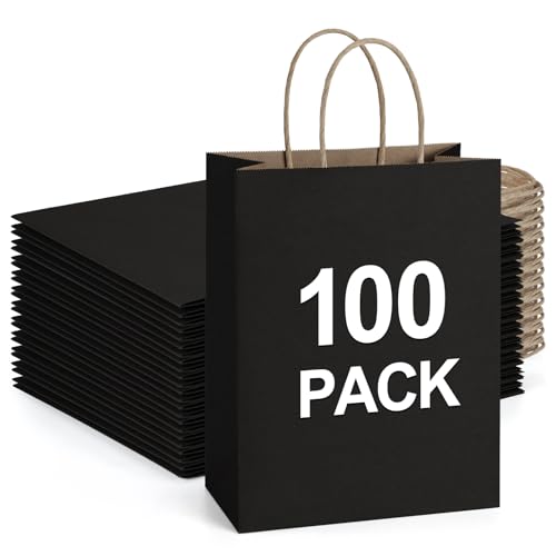 BagDream Recyclable Kraft Paper Gift Bag, 8x4.25x10.5 Inches, 100Pcs, Black, with Handles, Bulk, FSC Compliant, Multipurpose - color: Black