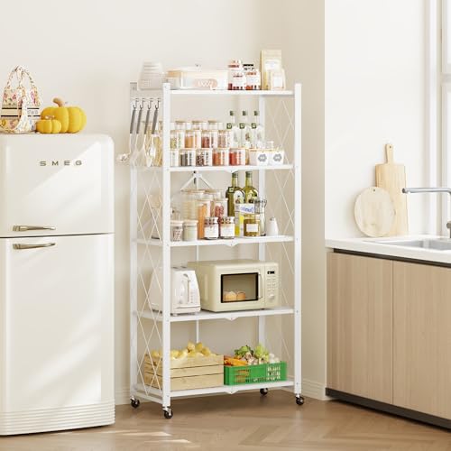 Fenbeli 5-Tier Folding Metal Storage Shelves with Wheels, 750 lb Capacity - color: White, size: 5 Tier