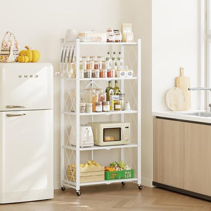 Fenbeli 5-Tier Folding Metal Storage Shelves with Wheels, 750 lb Capacity - color: White, size: 5 Tier