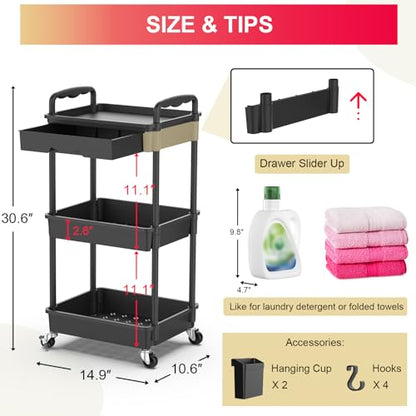 Goovilla 3 Tier Rolling Utility Cart Organizer with Removable Drawer, Black - size: 3 Tier, style: Black