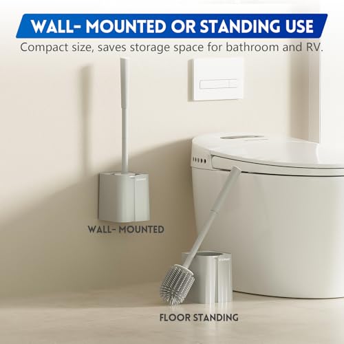 Y-in Hand Toilet Brush and Holder Set, Silicone Toilet Bowl Cleaner Brush Bristles, Bathroom and RV Cleaning Tools, Space Saving Toilet Scrubber, Wall Mountable. (Grey) - color: Grey Silicone
