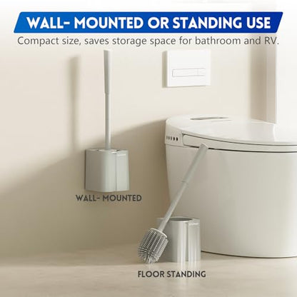 Y-in Hand Toilet Brush and Holder Set, Silicone Toilet Bowl Cleaner Brush Bristles, Bathroom and RV Cleaning Tools, Space Saving Toilet Scrubber, Wall Mountable. (Grey) - color: Grey Silicone