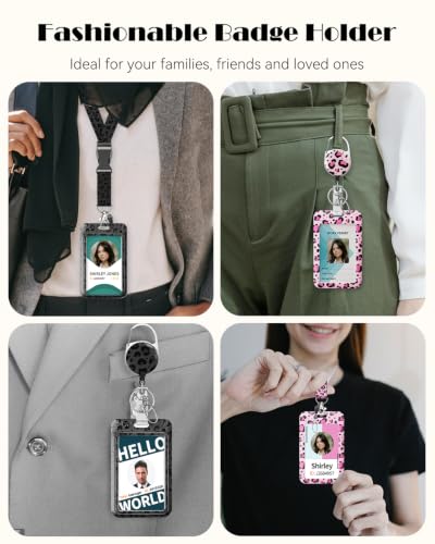 Uniclife Cute ID Badge Holder with Lanyard - color: Black Leopard Print & Pink Leopard Print