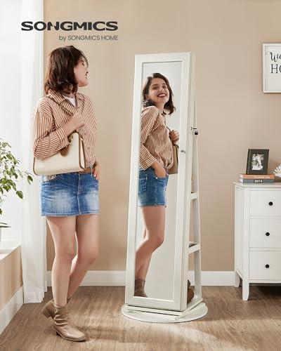 SONGMICS 360° Swivel Jewelry Cabinet, Full-Length Mirror, Lockable - color: White, style: Framed Mirror, Classic