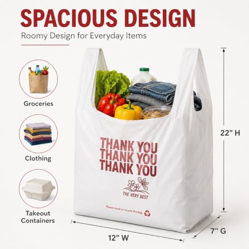 17 Mic T-Shirt Plastic Grocery Bags 12 x 7 x 22, Pack of 400 with Handles