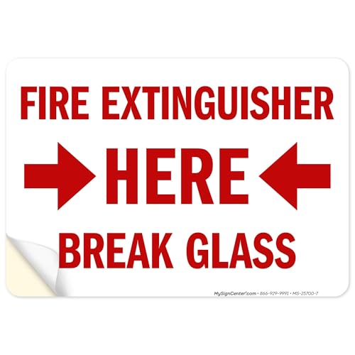 Fire Extinguisher Here Break Glass Sign, (MS-25700) 10x7 Inches, 4 Mil Vinyl Decal Stickers Weather Resistant, Made in USA by My Sign Center - size: 7x10 Vinyl Sticker