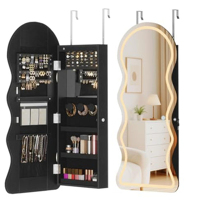 HOOBRO LED Mirror Jewelry Cabinet, Wall/Door Mounted Jewelry Organizer - color: Black