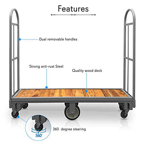 HaulPro Narrow Aisle U-Boat Platform Truck Dolly | 16 x 60 Heavy Duty Utility Cart with Thick Wood Deck | Premium Hand Truck Can Hold Loads Up to 2,000 Pounds | Hand Cart with Dual Removable Handles - size: 16 x 60 " Wood U-Boat