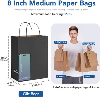 GSSUSA Black Paper Bags with Handles, Gift Bags 8x4.25x10.5, 100 Pack - color: Jet black, size: 8x4.25x10.5 Inch (Pack of 100)
