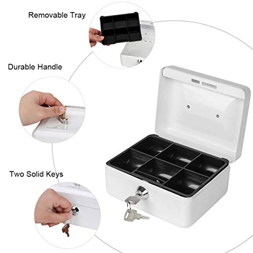 Cash Box with Money Tray, Parrency Small Money Box with Key Lock, 6" x 4 4/5" x 3", White - color: White, size: Small（5.9")