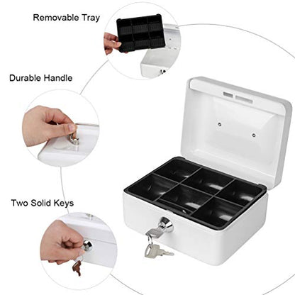 Cash Box with Money Tray, Parrency Small Money Box with Key Lock, 6" x 4 4/5" x 3", White - color: White, size: Small（5.9")