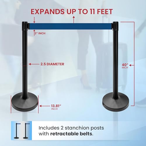 Crowd Control Warehouse 2-Pack Retractable Belt Stanchions, 11 Ft Dark Blue - color: Dark Blue Belt with Black Post