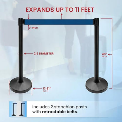 Crowd Control Warehouse 2-Pack Retractable Belt Stanchions, 11 Ft Dark Blue - color: Dark Blue Belt with Black Post