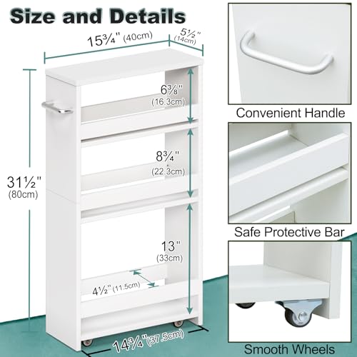 MARTY Slim Rolling Storage Cart, Wood Utility Kitchen Bathroom Laundry Cart - color: White, size: 5.51"D x 15.75"W x 31.5"H