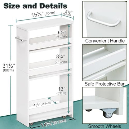 MARTY Slim Rolling Storage Cart, Wood Utility Kitchen Bathroom Laundry Cart - color: White, size: 5.51"D x 15.75"W x 31.5"H