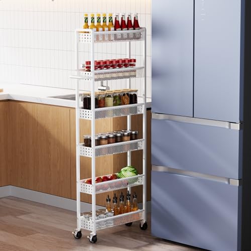 6 Tier Slim Storage Cart with Wheels, 6" D Rolling Storage Cart for Small Space, Metal Narrow Spice Cabinet Mobile Shelving Unit Organizer with Handle for Kitchen, Laundry - White - color: White, size: 6 Inches