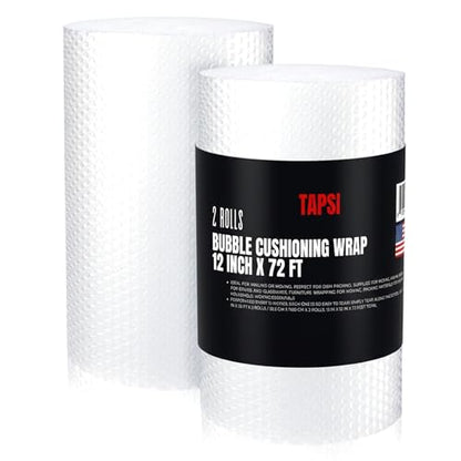 Tapsi Bubble Cushioning Wrap, 12 Inch x 72 Feet, 2 Rolls, Perforated Every 12”, Premium Quality Moving and Shipping Supplies, Made in USA