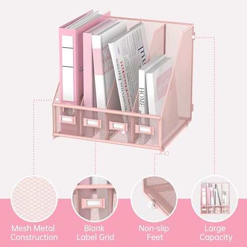 4-Compartment Magazine File Holder and File Organizer for Desk, Pink - color: Pink