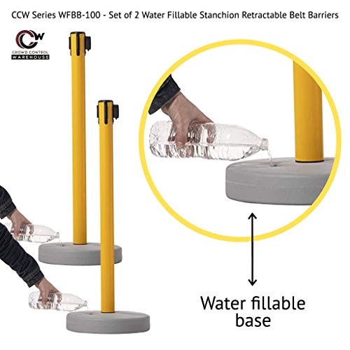 Crowd Control Warehouse - CCW Set of 2 Retractable Belt Barrier Stanchion, Water Fillable Base MSH630-11 Foot Belt, Magenta and Yellow Diagonal with Black PVC Plastic Post - color: Magenta and Yellow Diagonal, size: Black Post