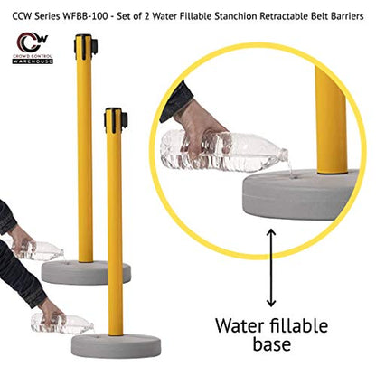 Crowd Control Warehouse - CCW Set of 2 Retractable Belt Barrier Stanchion, Water Fillable Base MSH630-11 Foot Belt, Magenta and Yellow Diagonal with Black PVC Plastic Post - color: Magenta and Yellow Diagonal, size: Black Post