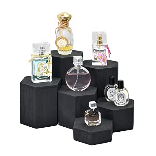 MOOCA 6-Piece Wood Hexagon Jewelry Display Stand Risers for Accessories - color: Black, 6 Pieces