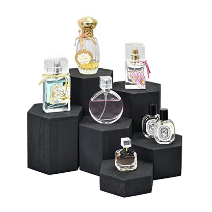 MOOCA 6-Piece Wood Hexagon Jewelry Display Stand Risers for Accessories - color: Black, 6 Pieces