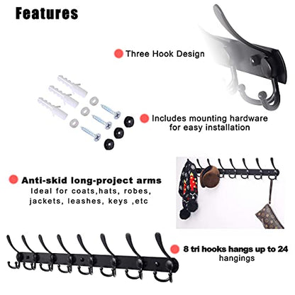 Dseap Coat Rack Wall Mount - 29.5” Long 8-Tri-Hooks Heavy Duty Coat Hanger Rail Wall Hooks for Hanging Coats Hats Clothing Clothes Purse Mudroom Entryway, Black - color: Black, size: L=29.5” (1 Pcs)