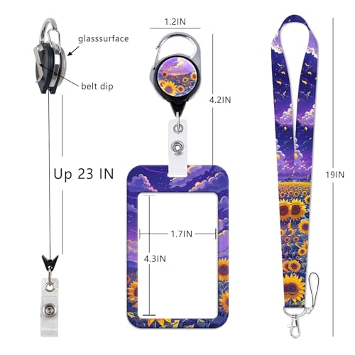 Purple ID Badge Holder with Neck Lanyard, Heavy Duty Retractable Badge Clip with Silky Lanyard, Sunflower Lanyard with Keychain for Women, Girl, Kids - color: Sunflower