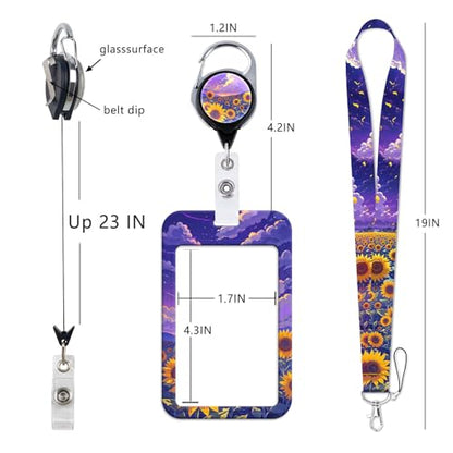 Purple ID Badge Holder with Neck Lanyard, Heavy Duty Retractable Badge Clip with Silky Lanyard, Sunflower Lanyard with Keychain for Women, Girl, Kids - color: Sunflower