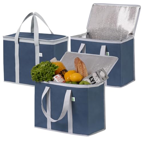 VENO 3 Pack Cooler Bag Insulated Grocery Bags for Food Delivery Heavy Duty - color: Dark Blue, size: 3 Pack