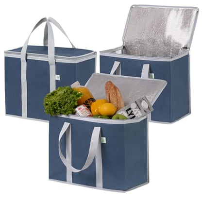 VENO 3 Pack Cooler Bag Insulated Grocery Bags for Food Delivery Heavy Duty - color: Dark Blue, size: 3 Pack